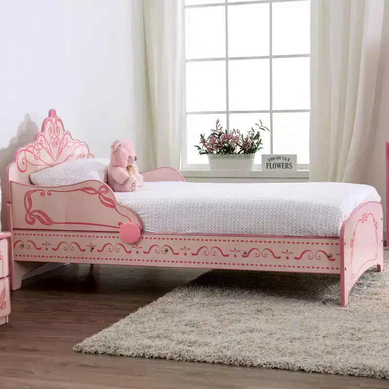 Letto per Bambini Singolo con Testiera a Corona da Principessa, Rosa