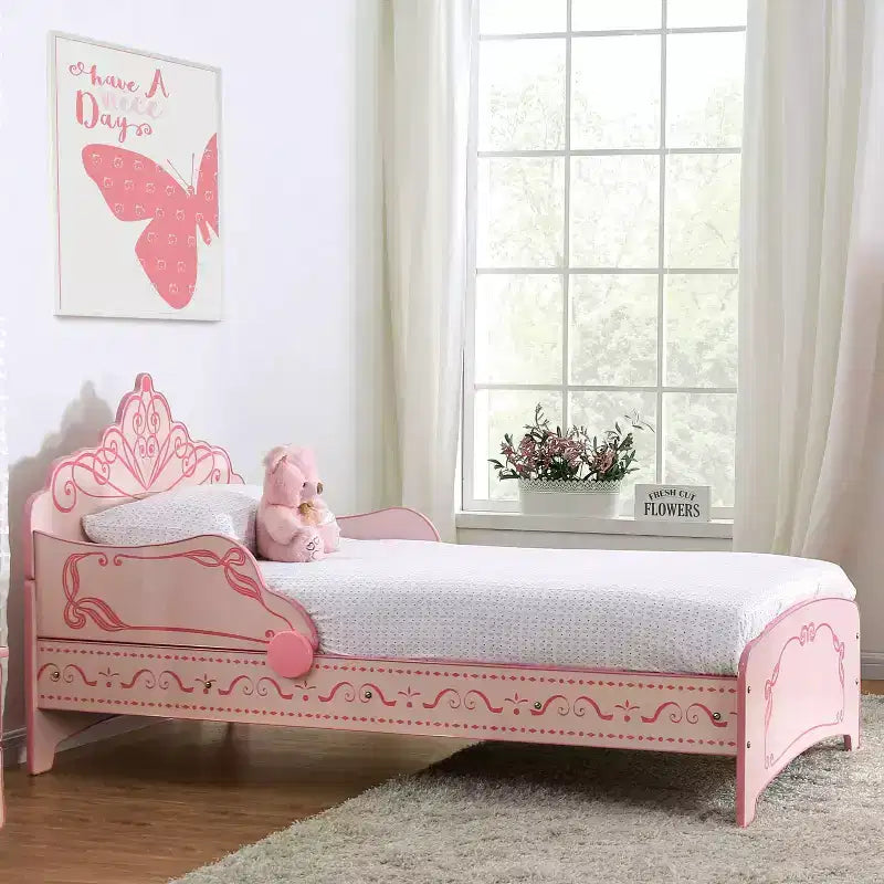 Letto per Bambini Singolo con Testiera a Corona da Principessa, Rosa