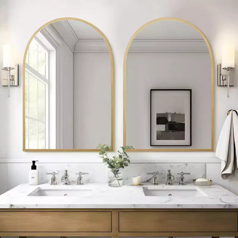 Gold-Colored Arch-Shaped Hanging Mirror with Thin Edge Aluminum Alloy, Right Angle, Double-Sided Installation