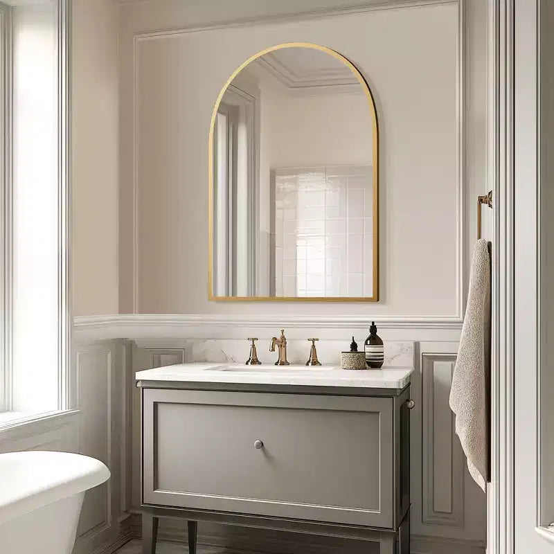 Specchio da parete dorato a forma di arco con cornice in lega di alluminio, installazione a doppio lato