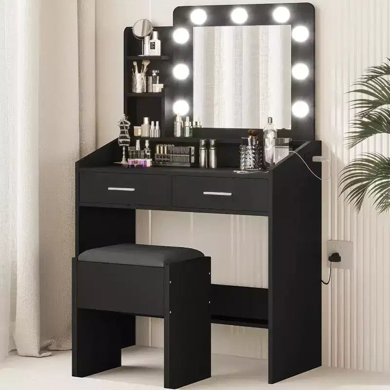 Toeletta con specchio illuminato, presa di corrente e 2 cassetti