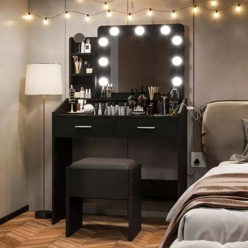 Toeletta con specchio illuminato, presa di corrente e 2 cassetti