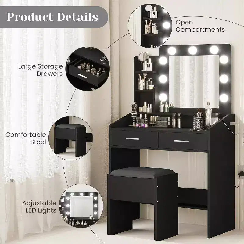 Toeletta con specchio illuminato, presa di corrente e 2 cassetti