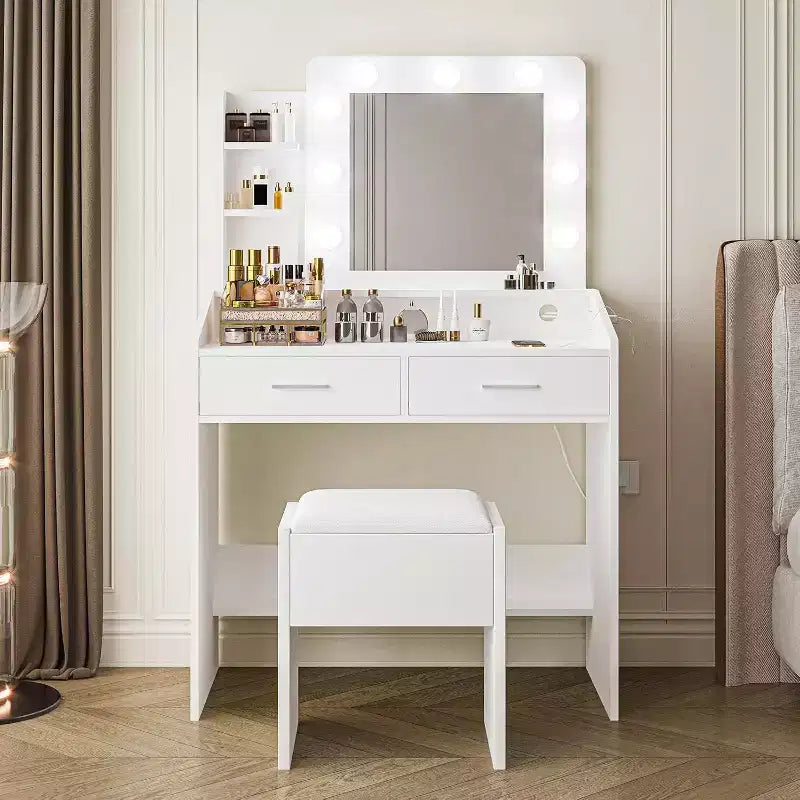 Toeletta con specchio illuminato, presa di corrente e 2 cassetti