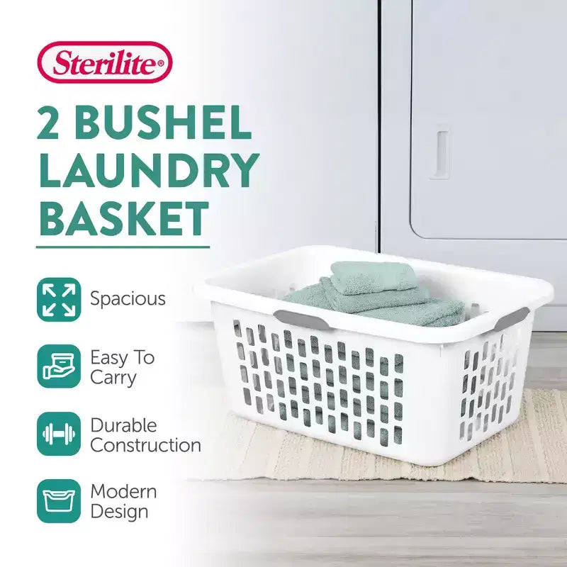 Cesto per biancheria in plastica da 2 bushel con manici, bianco, set da 6