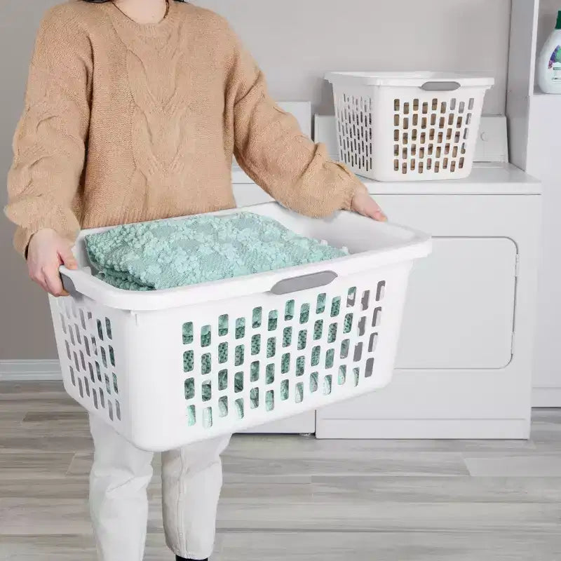 Cesto per biancheria in plastica da 2 bushel con manici, bianco, set da 6