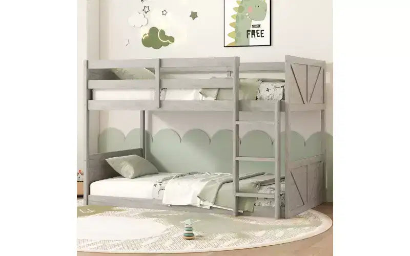 ZevemomoLow Twin Over Twin Bunk Bed,Solid Rubberwood Bed Frame with Built-in Ladder,for Small Spaces,Bedroom,Space Saving,No Box Spring Needed, White