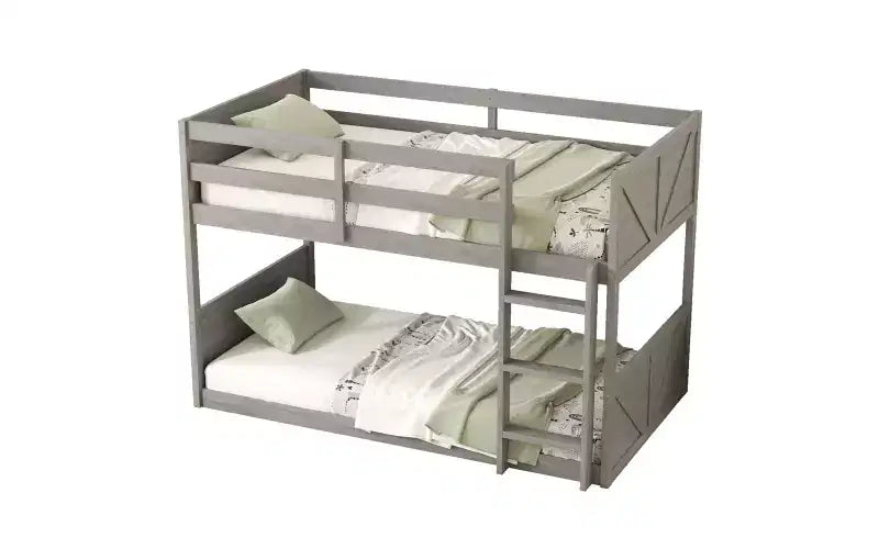 Letto a castello basso singolo su singolo con scaletta incorporata, in legno massello, bianco