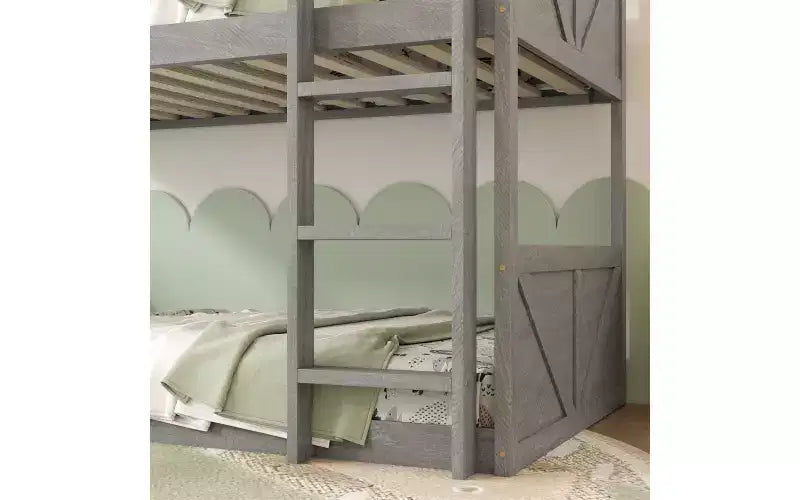 Letto a castello basso singolo su singolo con scaletta incorporata, in legno massello, bianco