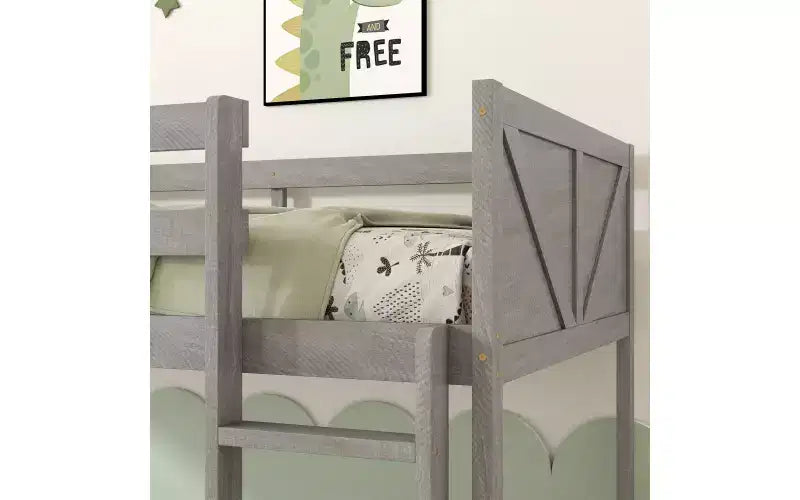 Letto a castello basso singolo su singolo con scaletta incorporata, in legno massello, bianco