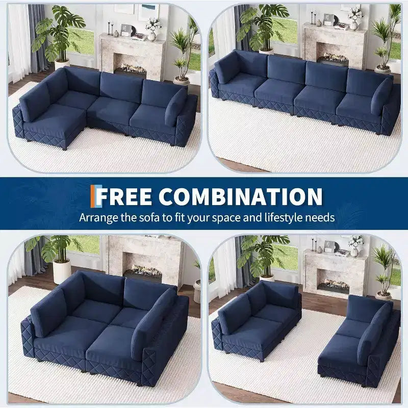 Divano sezionale modulare a L in velluto a 4 posti da 134 pollici con cuscini ad alta densità, blu