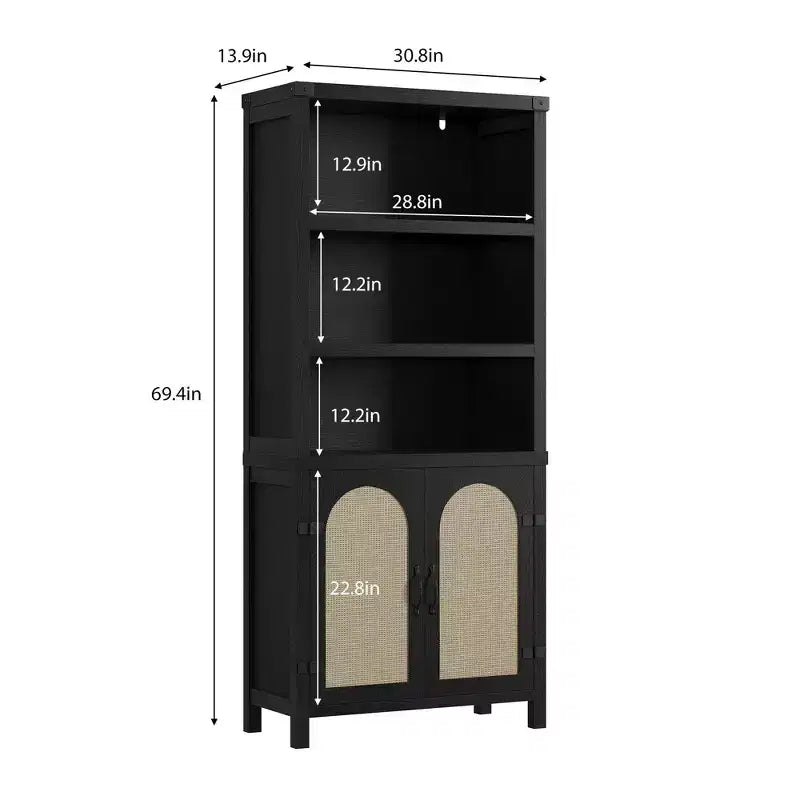 Libreria Rustica da 70 Pollici con 3 Ripiani e Ante in Rattan
