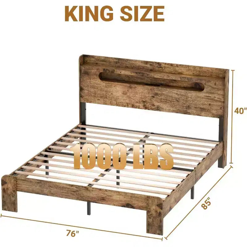Letto matrimoniale in legno King Size con testiera e striscia luminosa a LED, marrone rustico