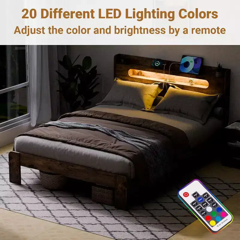 Letto matrimoniale in legno King Size con testiera e striscia luminosa a LED, marrone rustico