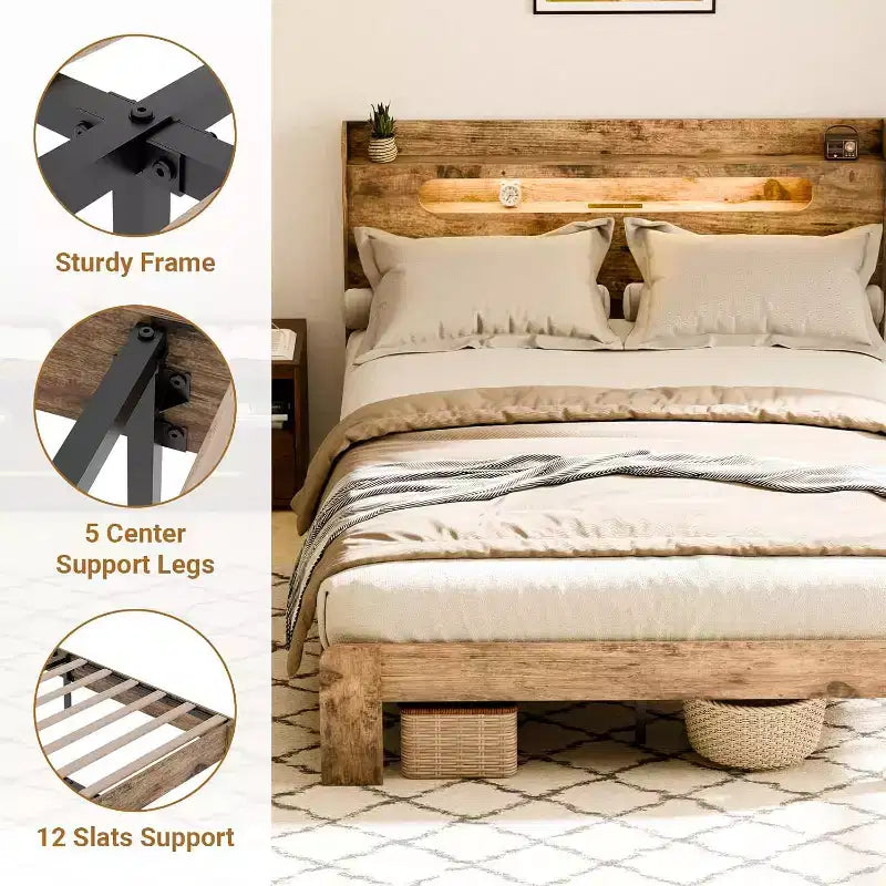 Letto matrimoniale in legno King Size con testiera e striscia luminosa a LED, marrone rustico