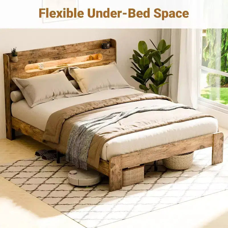 Letto matrimoniale in legno King Size con testiera e striscia luminosa a LED, marrone rustico