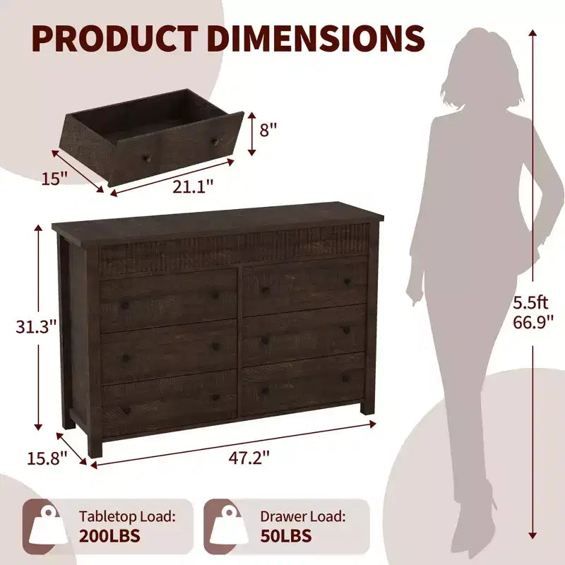 Cassettiera e Porta TV in Legno Scanalato a 6 Cassetti, Larga 119 cm