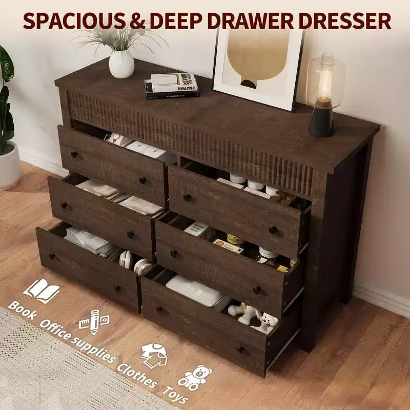 Cassettiera e Porta TV in Legno Scanalato a 6 Cassetti, Larga 119 cm
