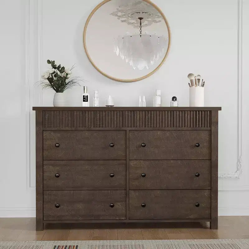 6 Drawer Dresser for Bedroom, 47w Wooden Chest of Drawers, Fluted Dresser TV Stand, Clothes Storage Organizer for Bedroom Hallway