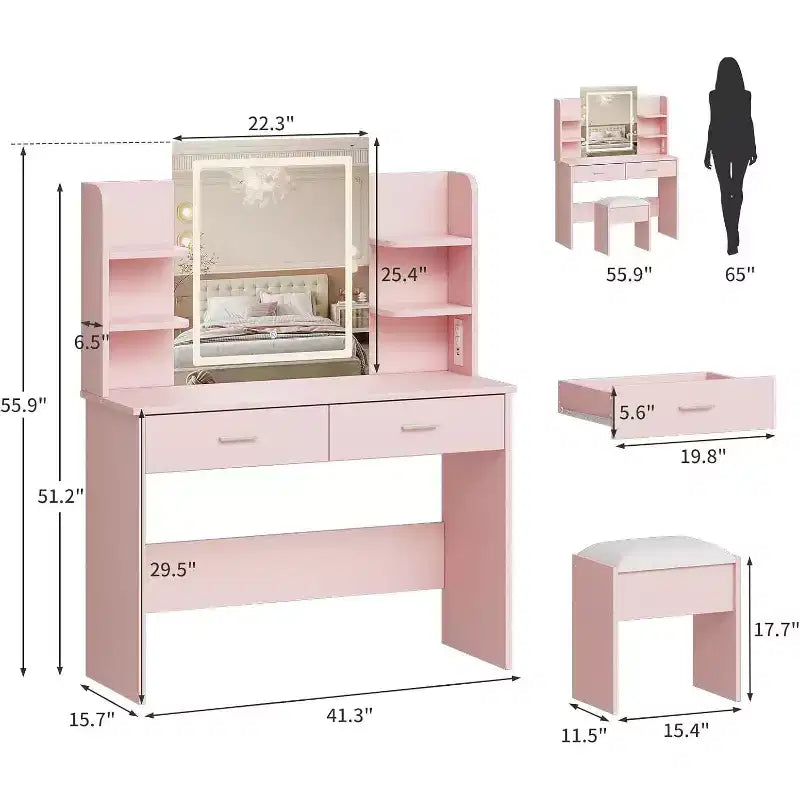 Toeletta con Specchio Illuminato, Sgabello, Presa di Corrente, 6 Scaffali e 2 Cassetti, Rosa