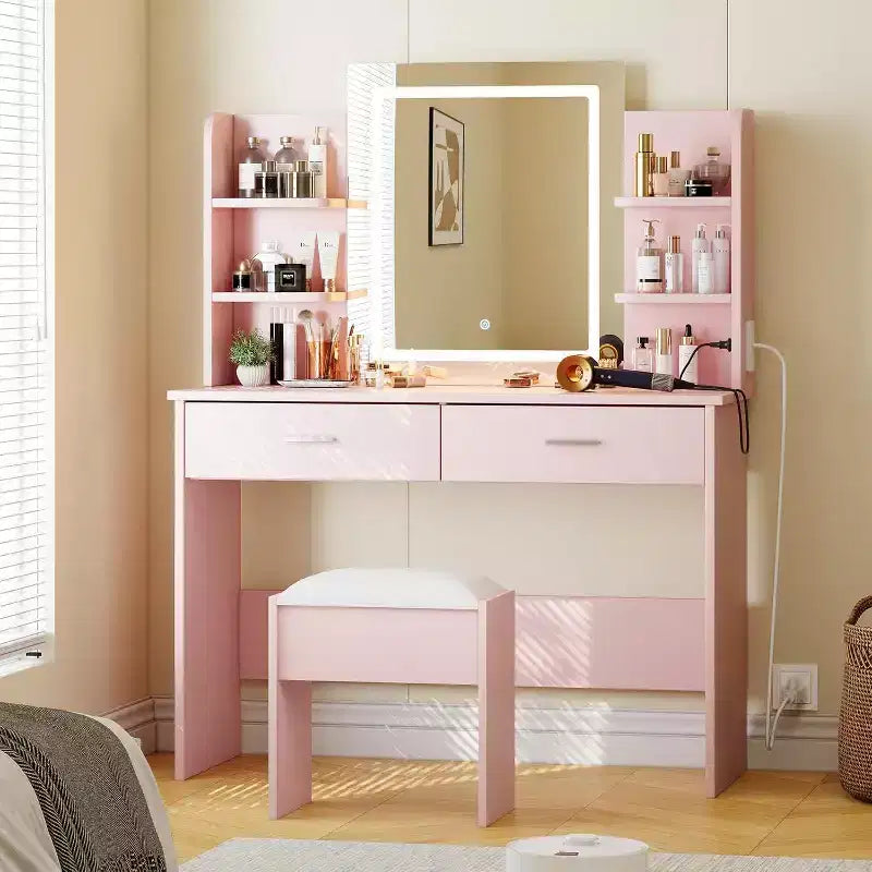 Toeletta con Specchio Illuminato, Sgabello, Presa di Corrente, 6 Scaffali e 2 Cassetti, Rosa