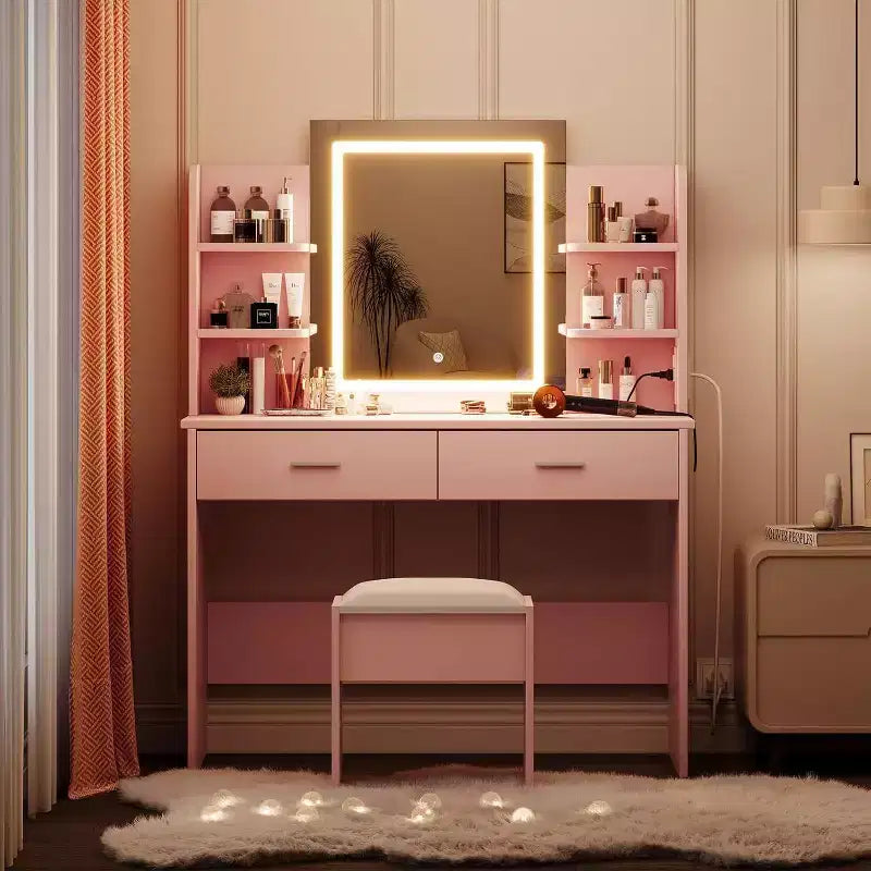 Toeletta con Specchio Illuminato, Sgabello, Presa di Corrente, 6 Scaffali e 2 Cassetti, Rosa