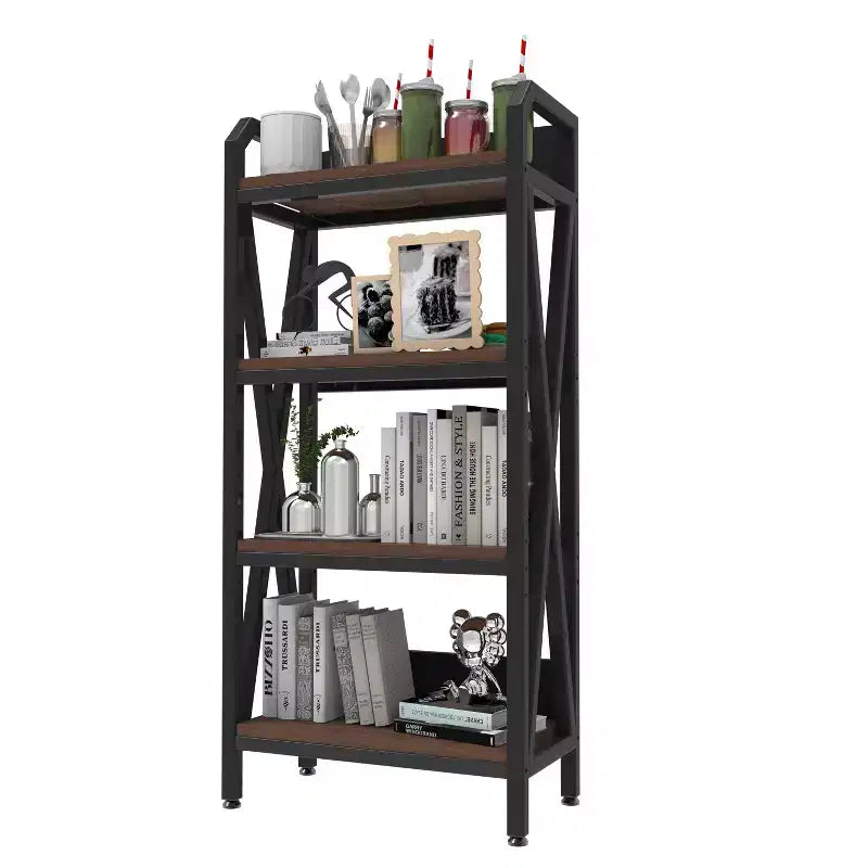 Libreria Decorativa a 4 Ripiani in Acciaio e Legno, 65 cm, Marrone Rustico
