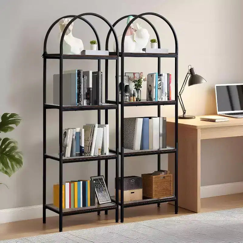 Libreria Industriale a 4 Ripiani con Arco, Marrone Rustico e Nero