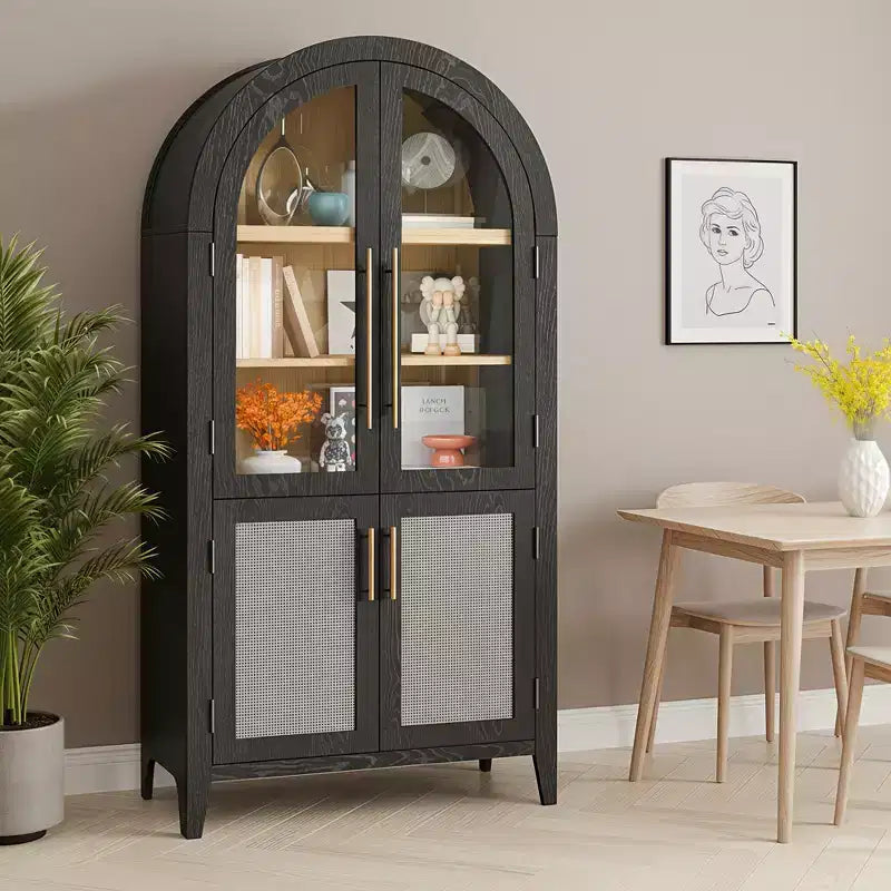 Mobiletto alto 160 cm con 5 ripiani e ante in vetro e rattan, nero