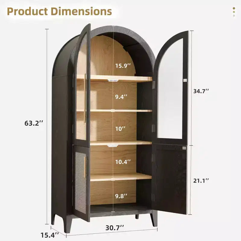 Mobiletto alto 160 cm con 5 ripiani e ante in vetro e rattan, nero