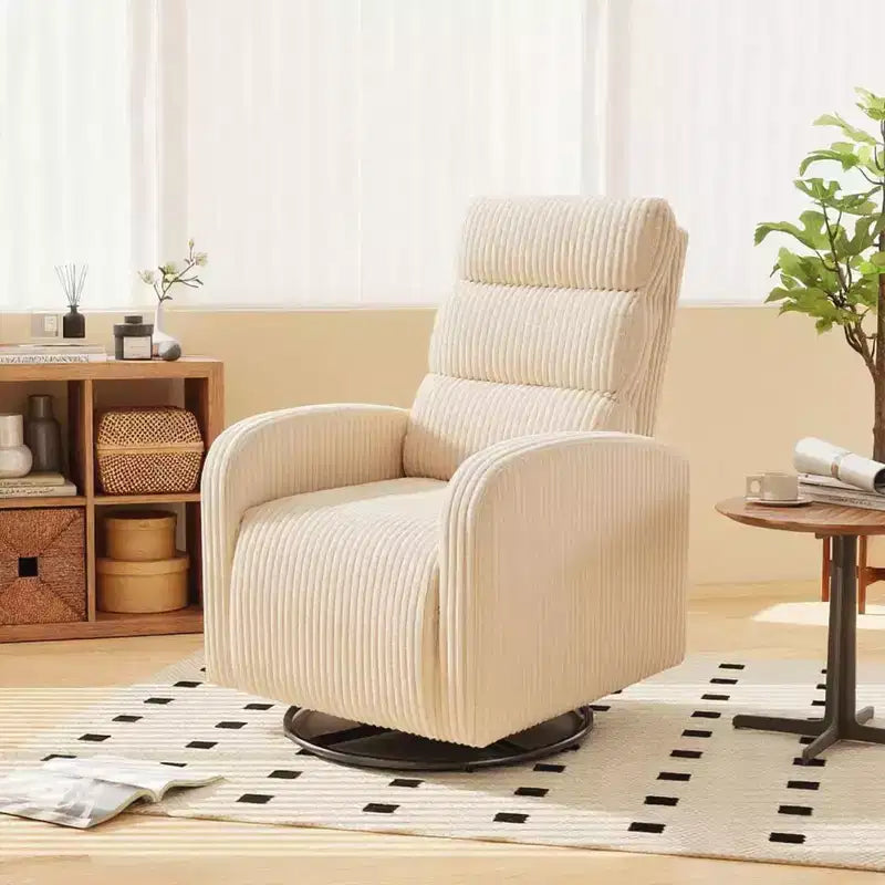Sedia a dondolo girevole a 360 gradi per cameretta con schienale alto, in velluto a coste, beige