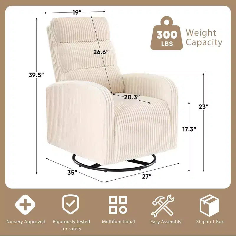 Sedia a dondolo girevole a 360 gradi per cameretta con schienale alto, in velluto a coste, beige