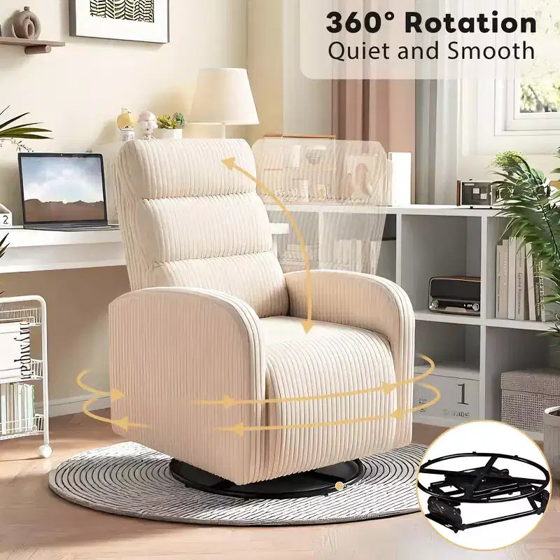 Sedia a dondolo girevole a 360 gradi per cameretta con schienale alto, in velluto a coste, beige
