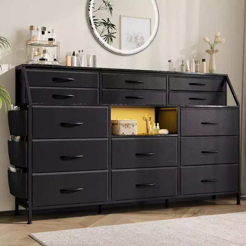 14-Drawer Dresser with Wood Top & 2 Shelves | Large Fabric Storage Organizer for Bedroom, Living Room & Closet