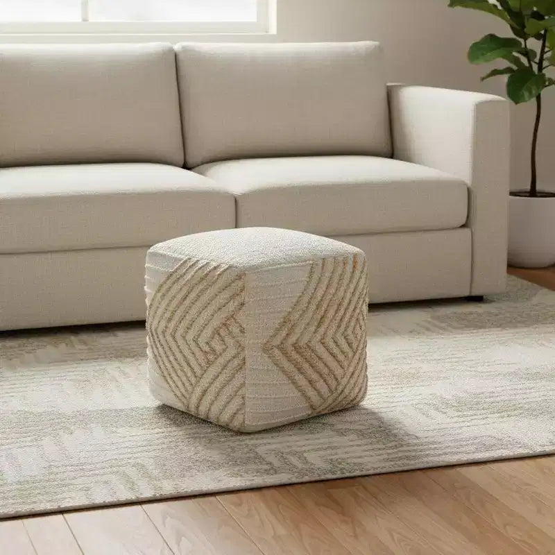 Pouf ottomano cubo geometrico da 18 pollici, cotone juta e lana, naturale e bianco sporco