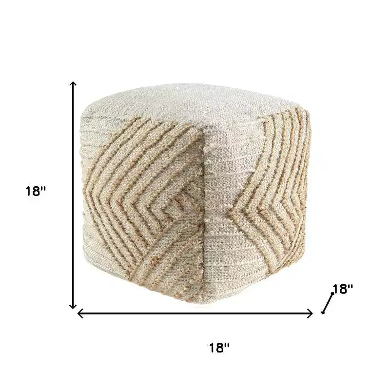 Pouf ottomano cubo geometrico da 18 pollici, cotone juta e lana, naturale e bianco sporco