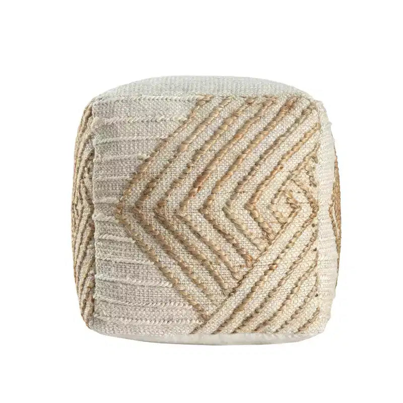Pouf ottomano cubo geometrico da 18 pollici, cotone juta e lana, naturale e bianco sporco