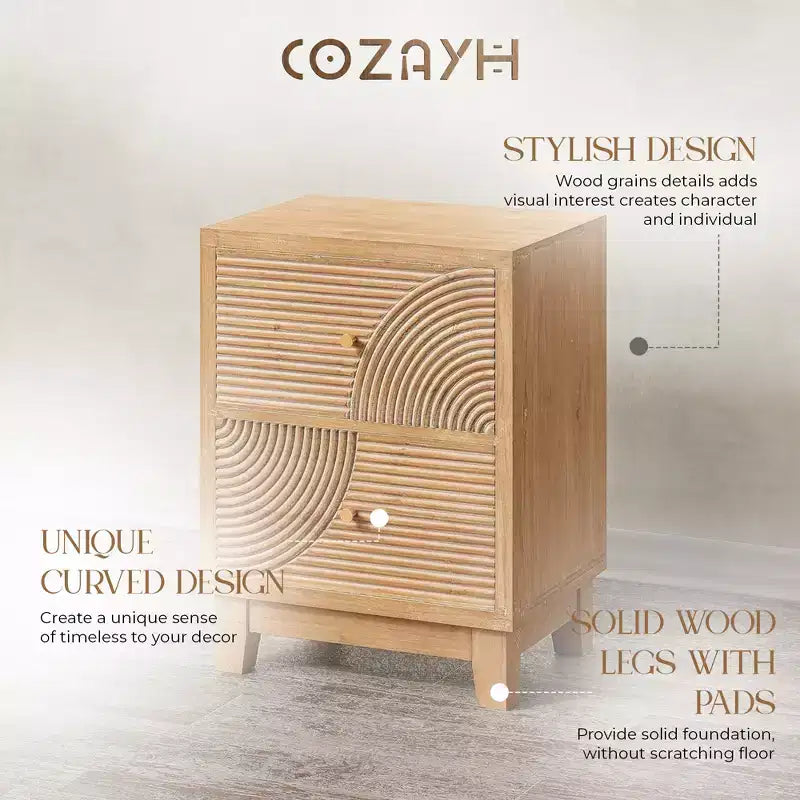 Comodino rustico a 2 cassetti con motivo ad anelli in legno, naturale, set da 2