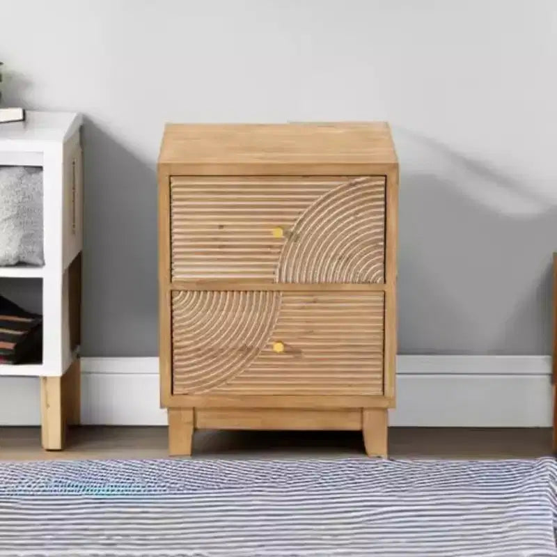 Comodino rustico a 2 cassetti con motivo ad anelli in legno, naturale, set da 2