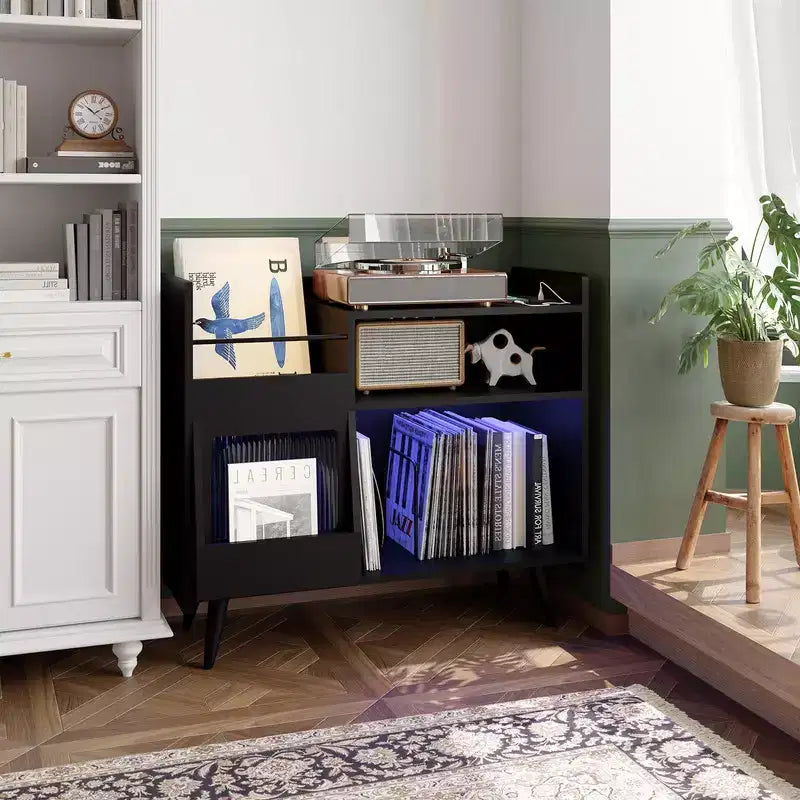 Grande mobile porta dischi in vinile con supporto per giradischi e anta scorrevole