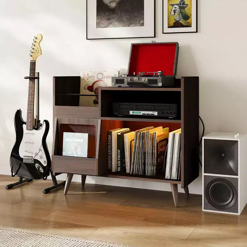 Grande mobile porta dischi in vinile con supporto per giradischi e anta scorrevole