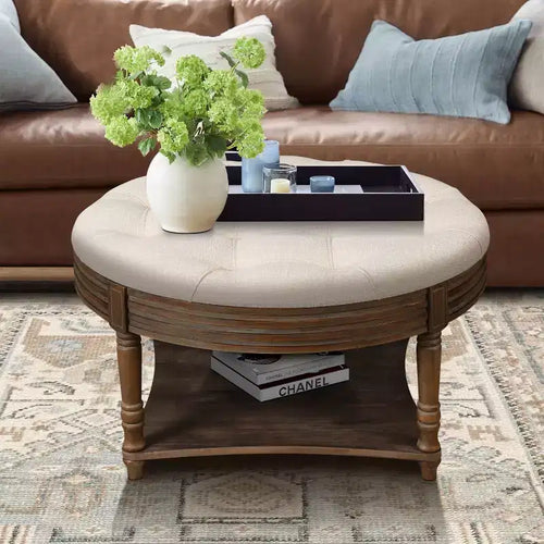 31.5 Round Upholstered Ottoman Coffee Table, Button Tufted Linen Top with Wooden Storage Shelf, for Living Room - Panipeachy