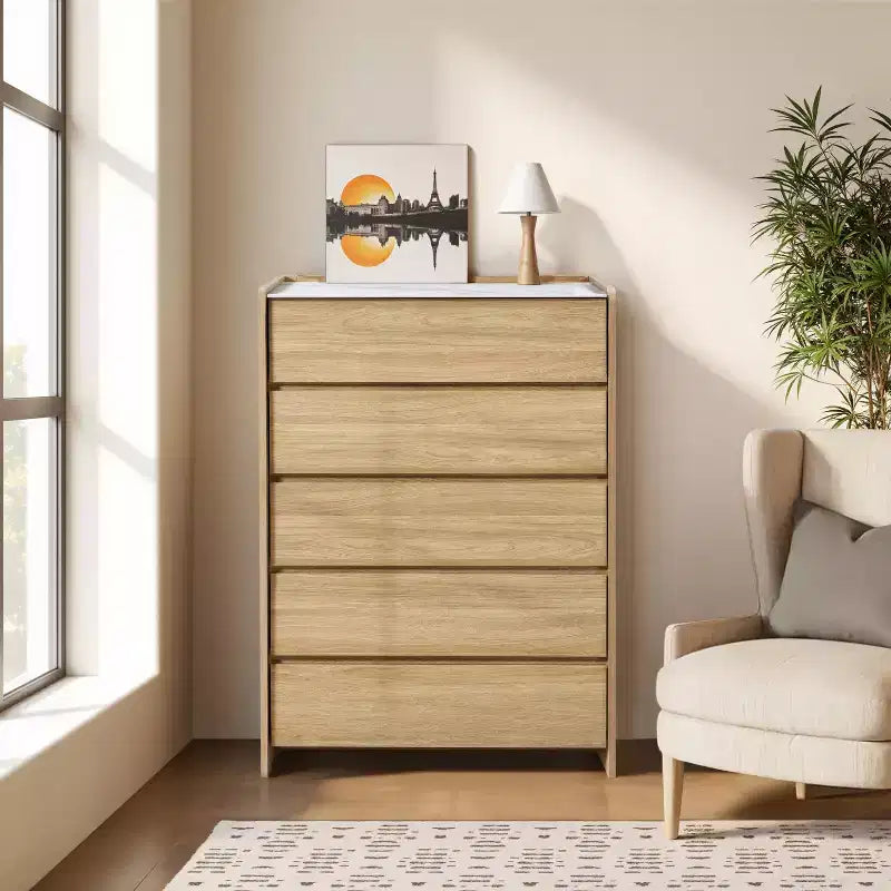 Cassettiera a 5 cassetti alta 120 cm con piano in finto marmo, Marrone