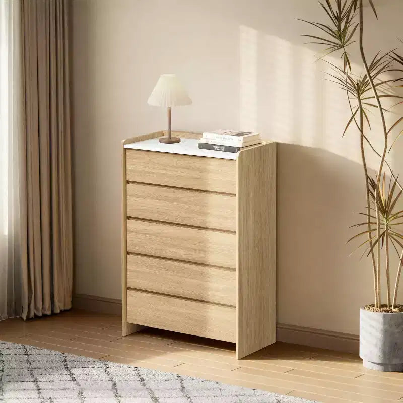 Cassettiera a 5 cassetti alta 120 cm con piano in finto marmo, Marrone
