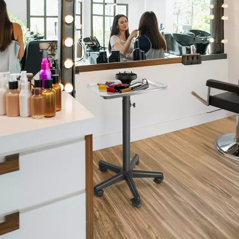 Vassoio portastrumenti e carrello da parrucchiere in alluminio con contenitore per accessori, nero